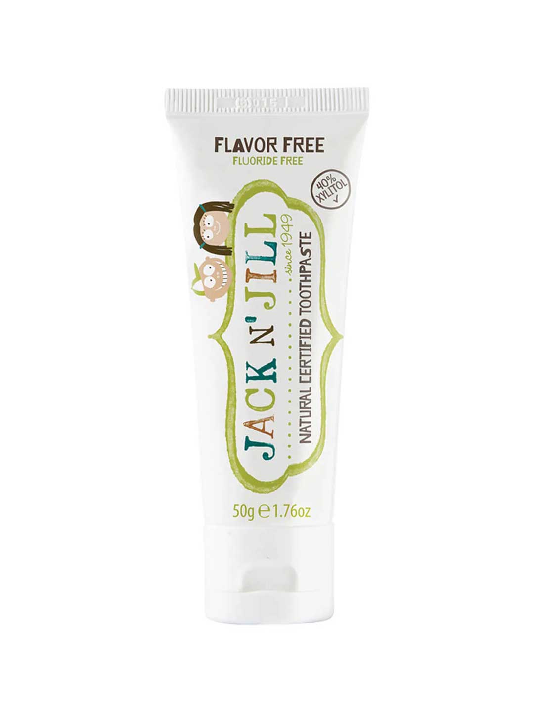 Tube of Jack n Jill Natural Certified Toothpaste Flavour Free on a white background