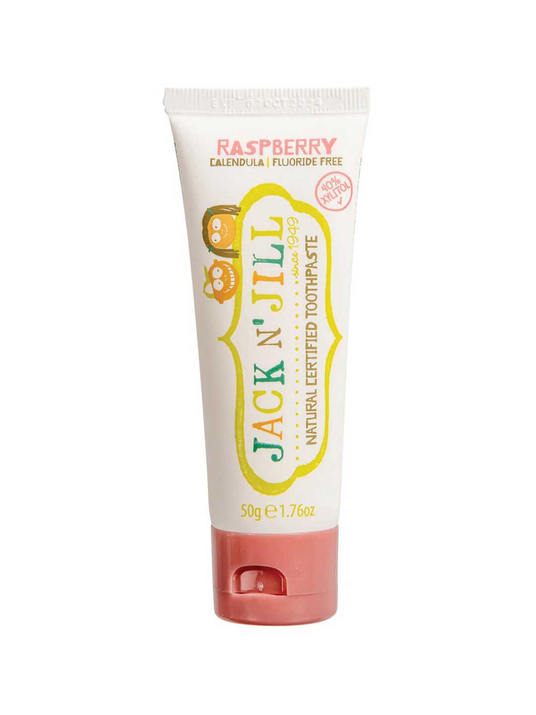 Tube of Jack N' Jill raspberry toothpaste on a white background