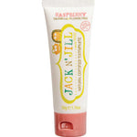 Tube of Jack N' Jill raspberry toothpaste on a white background