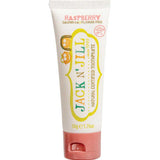Tube of Jack N' Jill raspberry toothpaste on a white background