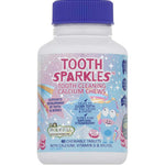 Bottle of Tooth Sparkles calcium chews with a colorful label on a white background