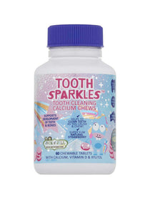 Bottle of Tooth Sparkles calcium chews with a colorful label on a white background