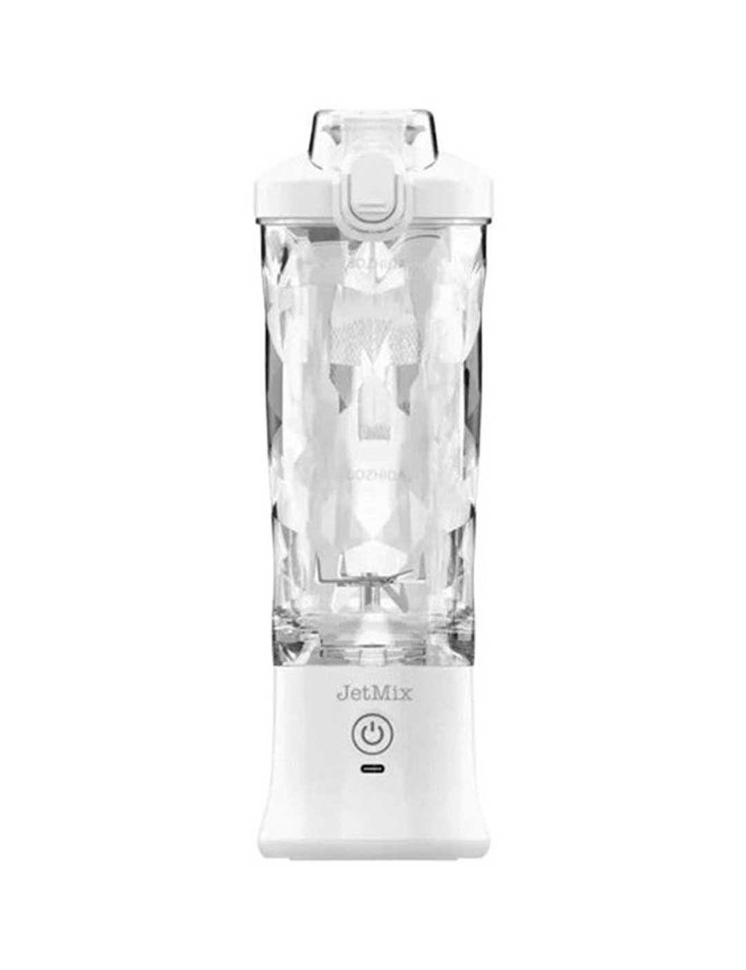 The JetMix Sport Blender 600ml White is a portable, USB-charged blender with a transparent cup, front power button, and top lid—ideal for protein shakes on the go. Shown against a plain white background.