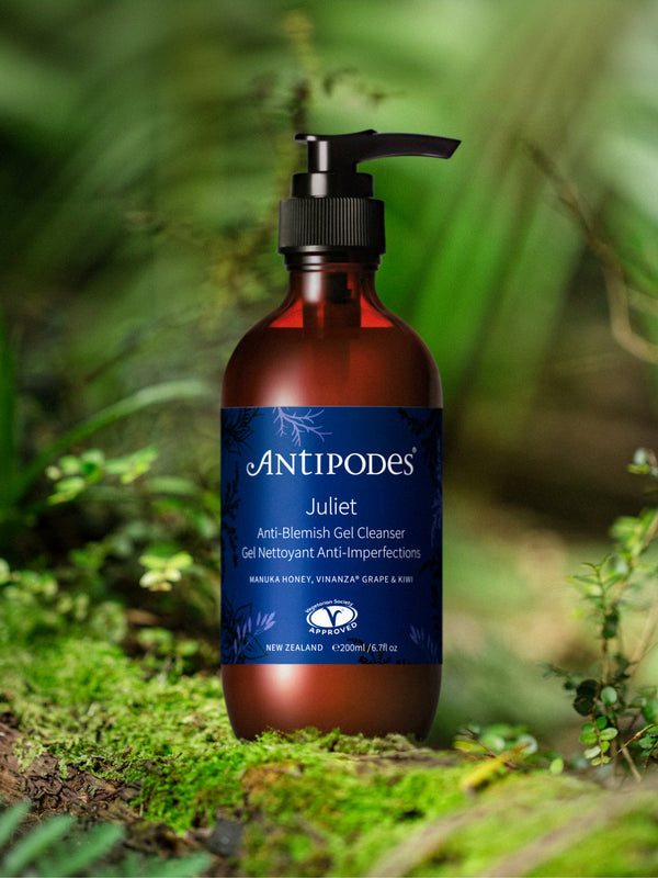 Antipodes Juliet Anti-Blemish Gel Cleanser bottle among native greenery