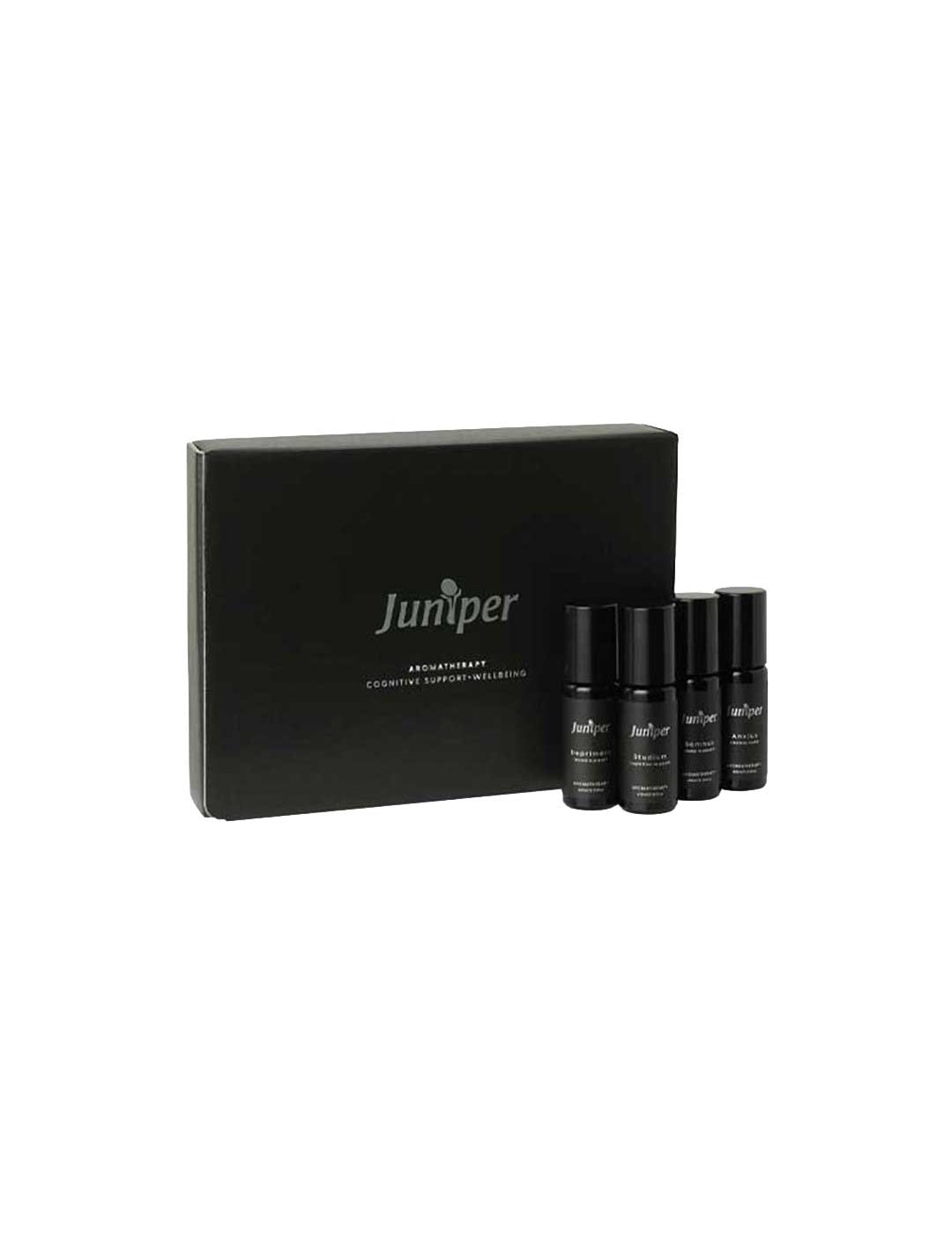 The Juniper Aromatherapy Cognitive Support + Wellbeing Collection 4 x 10ml features a black box set with four small black essential oil bottles, each labeled in white text, all displayed against a plain white background.