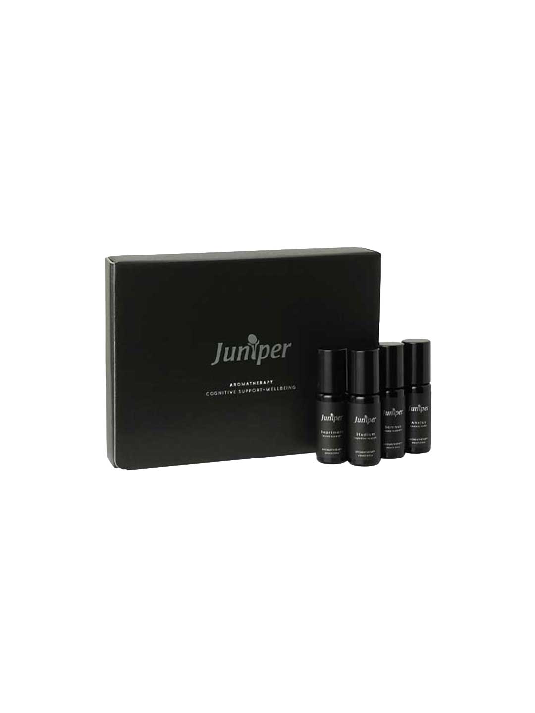 The Juniper Aromatherapy Cognitive Support + Wellbeing Collection 4 x 10ml features a black box set with four small black essential oil bottles, each labeled in white text, all displayed against a plain white background.