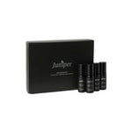 The Juniper Aromatherapy Cognitive Support + Wellbeing Collection 4 x 10ml features a black box set with four small black essential oil bottles, each labeled in white text, all displayed against a plain white background.