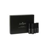 The Juniper Aromatherapy Cognitive Support + Wellbeing Collection 4 x 10ml features a black box set with four small black essential oil bottles, each labeled in white text, all displayed against a plain white background.
