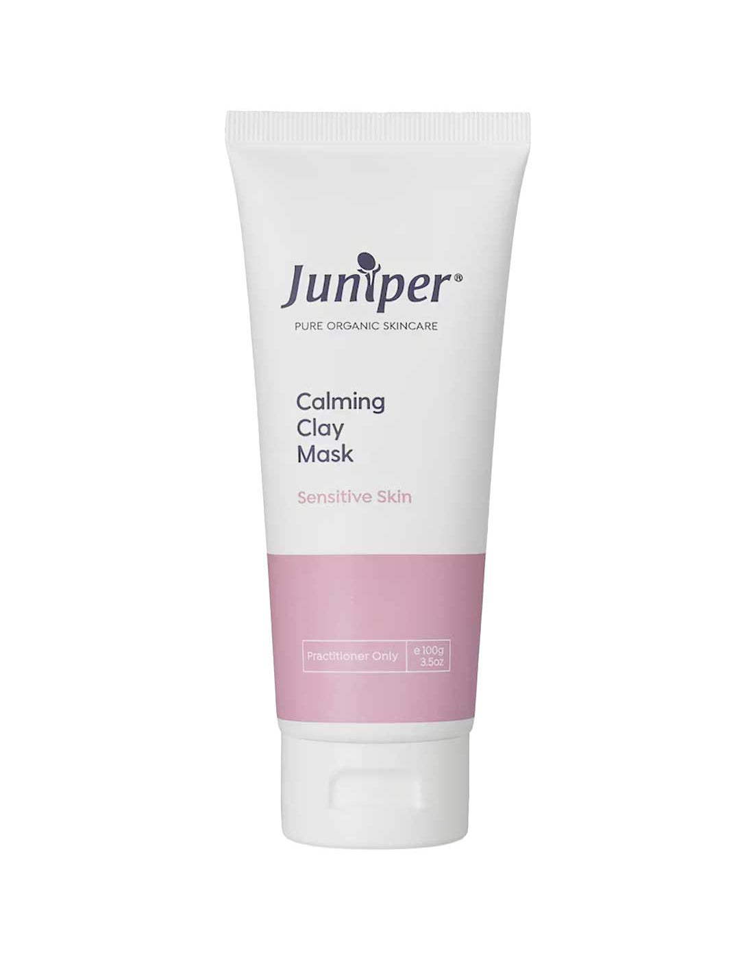 A white and pink tube labeled Juniper Calming Clay Mask 100g for sensitive skin, designed to reduce redness. Marked for practitioner use only.
