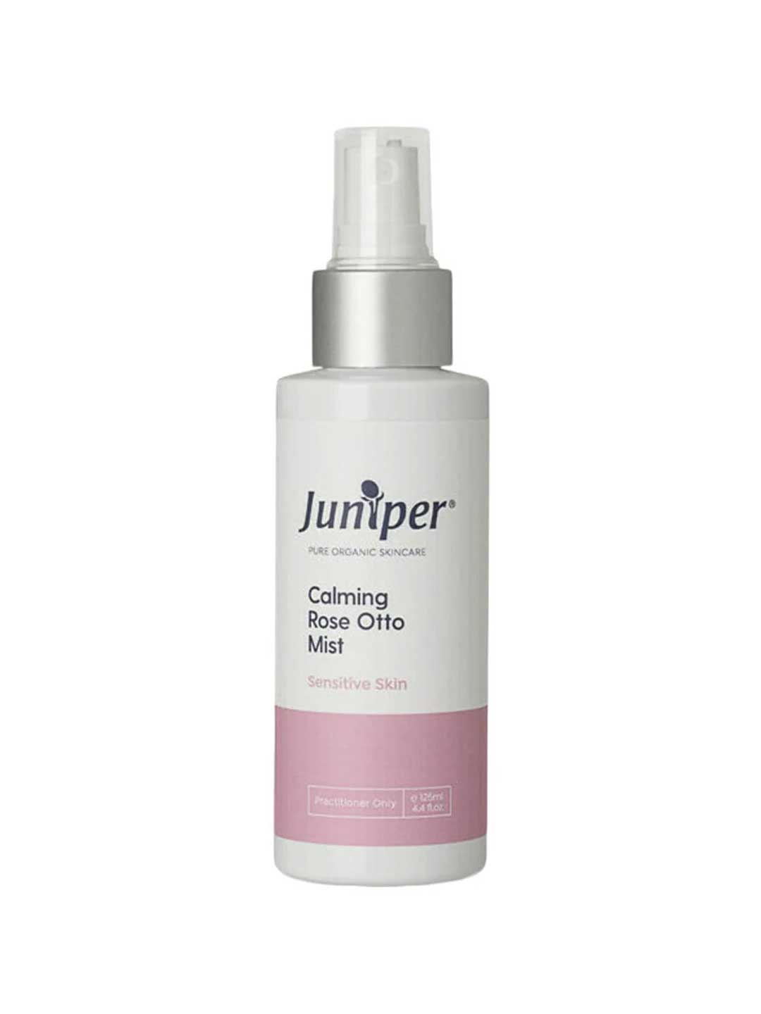 A white spray bottle with a pink accent, Juniper Calming Rose-Otto Mist 125ml is formulated with organic Rose Otto to soothe sensitive skin and provide calming skincare benefits.