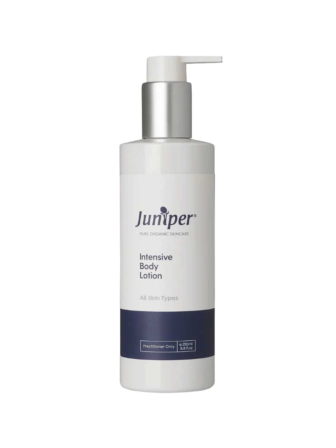 A white plastic pump bottle labeled Juniper Intensive Body Lotion 250ml for all skin types, ideal for dry mature skin, features a dark blue band near the bottom and a silver pump dispenser.