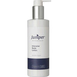 A white plastic pump bottle labeled Juniper Intensive Body Lotion 250ml for all skin types, ideal for dry mature skin, features a dark blue band near the bottom and a silver pump dispenser.