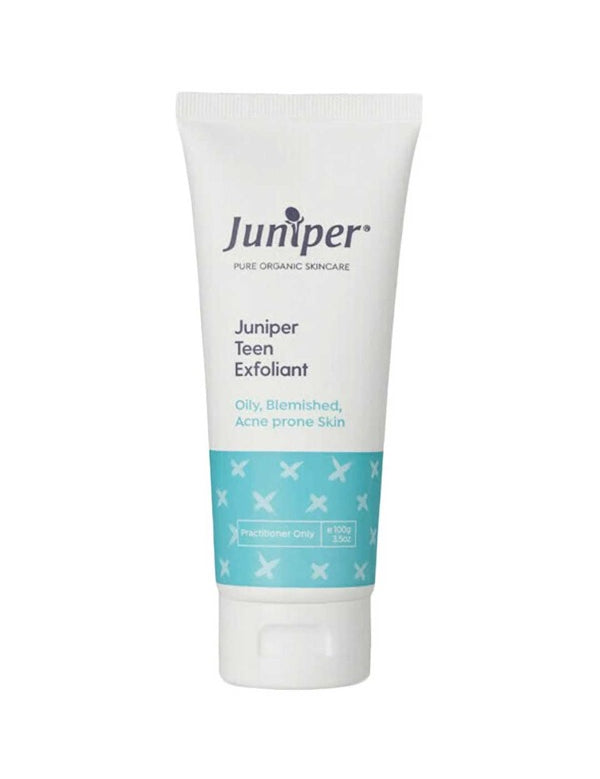 A white tube of Juniper Teen Exfoliant 100g for oily, blemished and acne-prone skin, centred on a white background.