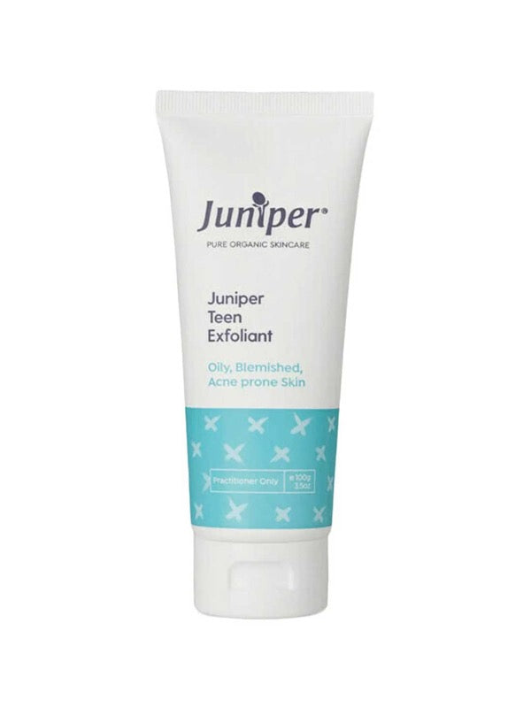 A white tube of Juniper Teen Exfoliant 100g for oily, blemished and acne-prone skin, centred on a white background.