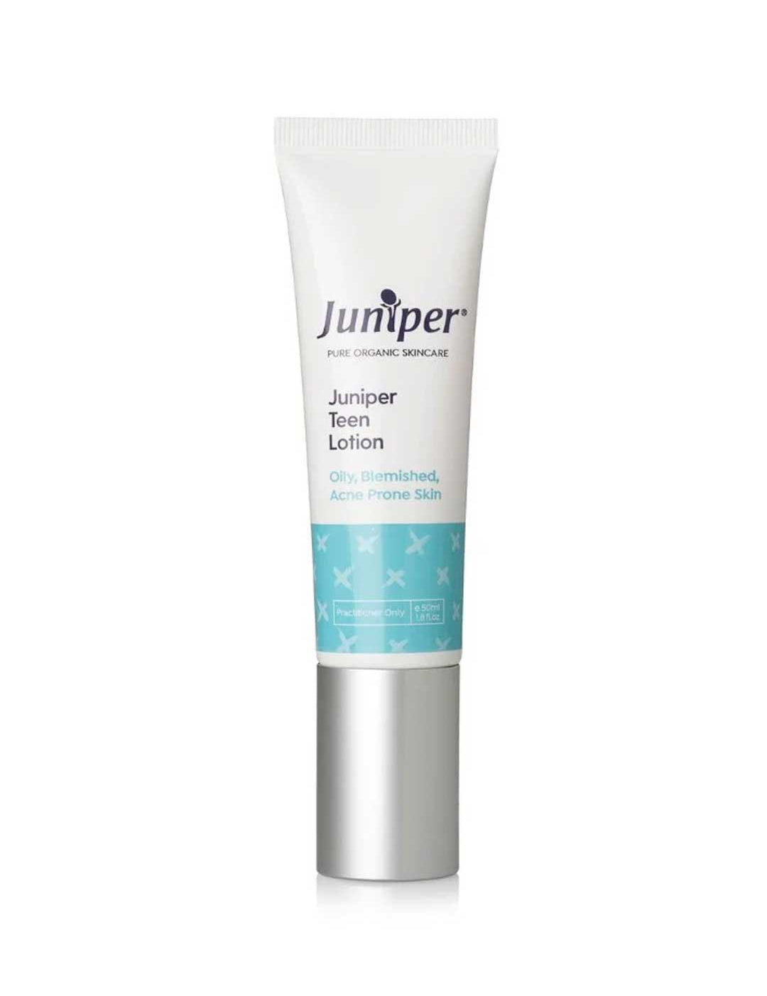 A white tube of Juniper Juniper Teen Lotion 50ml, an oil-balancing moisturiser for teenage, acne-prone skin, with a white cap and light blue label displaying the Juniper logo and product information.