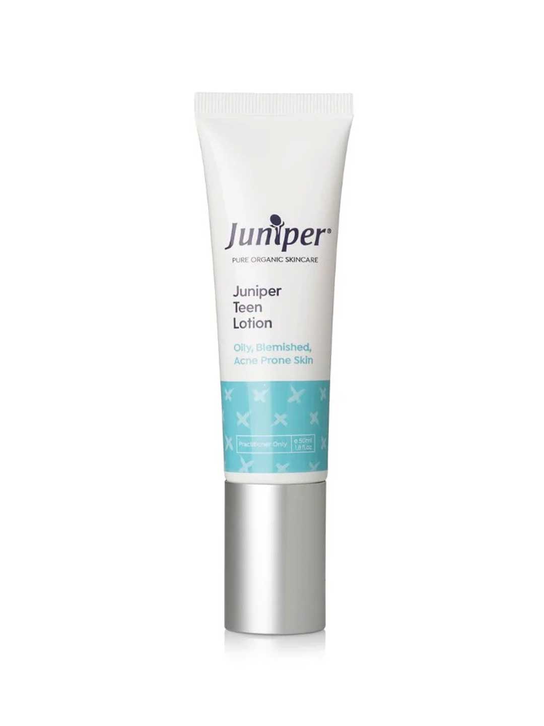 A white tube of Juniper Juniper Teen Lotion 50ml, an oil-balancing moisturiser for teenage, acne-prone skin, with a white cap and light blue label displaying the Juniper logo and product information.