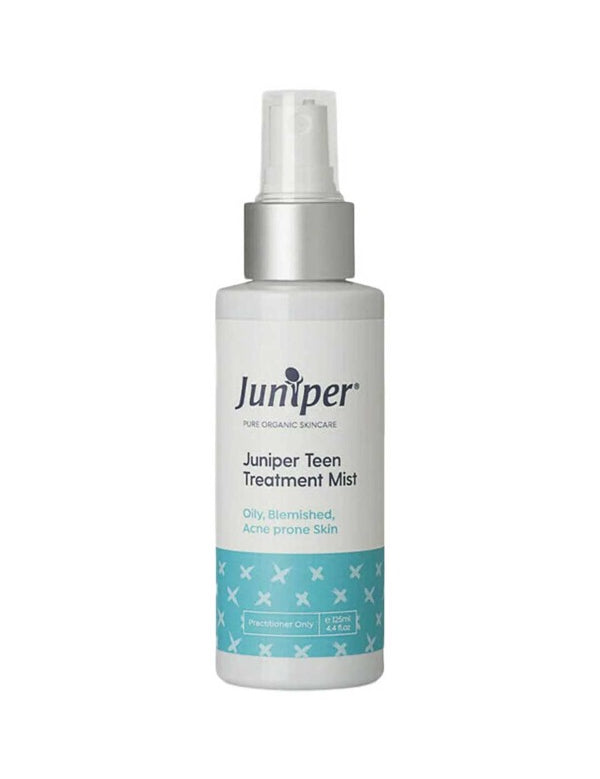 A white spray bottle of Juniper Teen Treatment Mist 125ml for oily, acne-prone skin, centred on a white background.