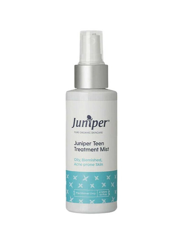 A white spray bottle of Juniper Teen Treatment Mist 125ml for oily, acne-prone skin, centred on a white background.