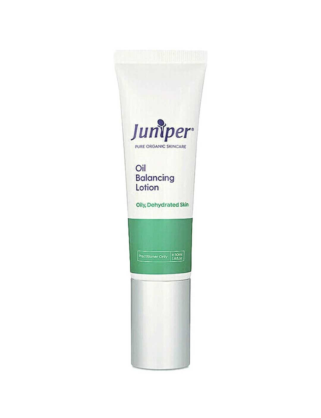 A white tube of Juniper Oil Balancing Lotion 50ml for oily, acne-prone skin, featuring green and blue labels, a white cap, and organic ingredients. Labeled as pure organic skincare for practitioner use only.