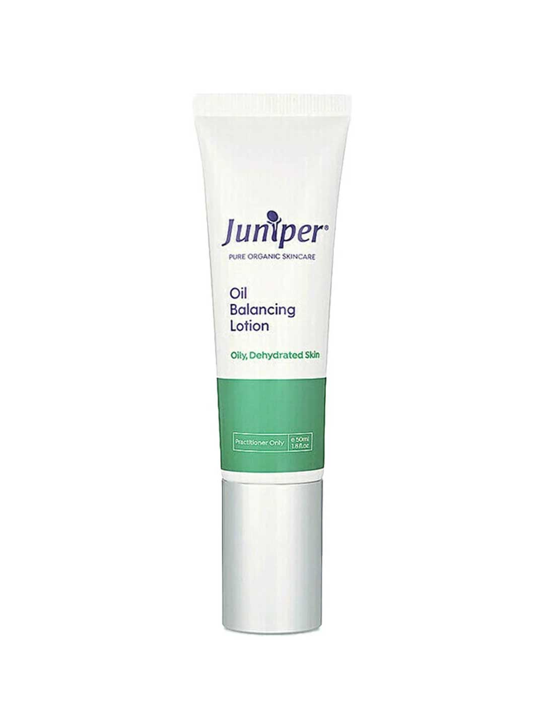 A white tube of Juniper Oil Balancing Lotion 50ml for oily, acne-prone skin, featuring green and blue labels, a white cap, and organic ingredients. Labeled as pure organic skincare for practitioner use only.