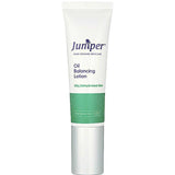 A white tube of Juniper Oil Balancing Lotion 50ml for oily, acne-prone skin, featuring green and blue labels, a white cap, and organic ingredients. Labeled as pure organic skincare for practitioner use only.