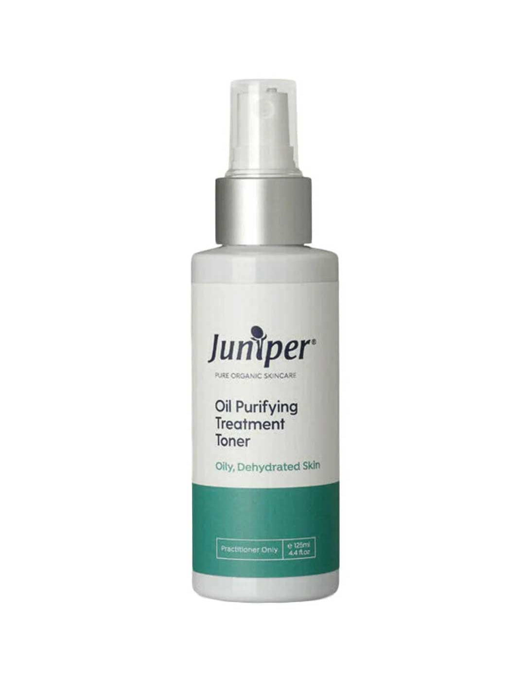 A white bottle of Juniper Oil Purifying Treatment Toner 125ml with a pump dispenser and a white and green label with blue text, designed for oily, dehydrated skin and pore refining.