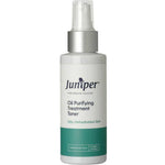 A white bottle of Juniper Oil Purifying Treatment Toner 125ml with a pump dispenser and a white and green label with blue text, designed for oily, dehydrated skin and pore refining.