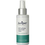 A white bottle of Juniper Oil Purifying Treatment Toner 125ml with a pump dispenser and a white and green label with blue text, designed for oily, dehydrated skin and pore refining.