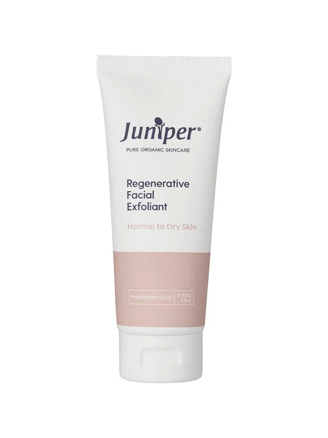 A white tube labeled Juniper Regenerative Facial Exfoliant 100g, a gentle scrub for normal to dry skin, features a pink band near the bottom and a white flip-top cap.