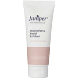 A white tube labeled Juniper Regenerative Facial Exfoliant 100g, a gentle scrub for normal to dry skin, features a pink band near the bottom and a white flip-top cap.