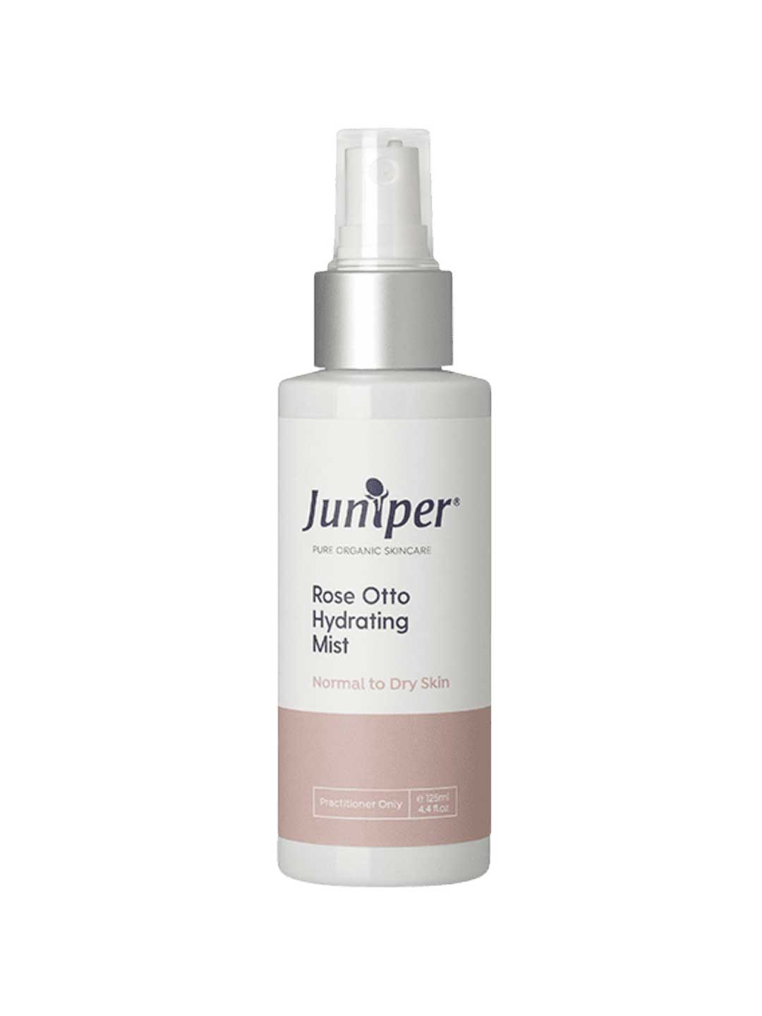 The Juniper Rose-Otto Hydrating Mist 125ml comes in a white spray bottle with a light pink accent and clear cap, ideal for normal to dry skin, offering pH-balancing benefits and an instant hydration boost.