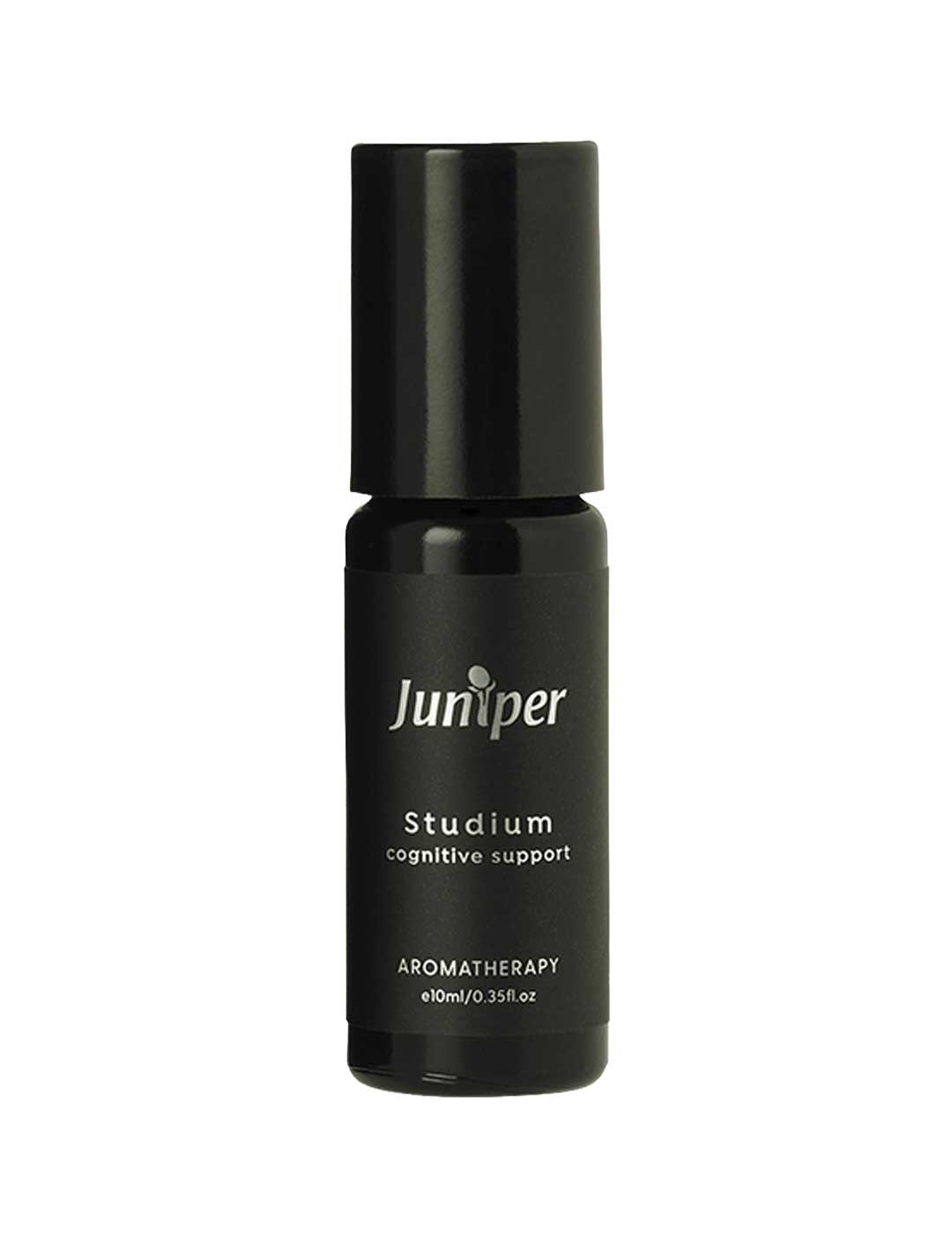 A small black Juniper Studium Aromatherapy Pulse Point Studium 10ml roller for study and concentration, featuring an invigorating essential oil blend. Shown with a black cap on a white background.