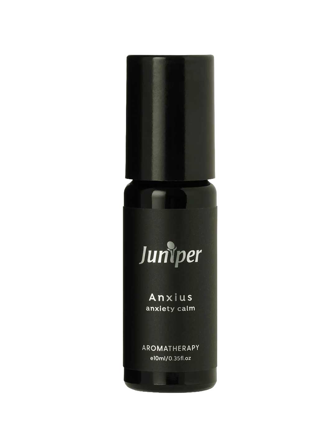 A small black bottle labeled Juniper Anxius Aromatherapy Pulse Point Anxius 10ml, with a black cap, contains an organic essential oil blend for anxiety calming, shown against a plain white background.