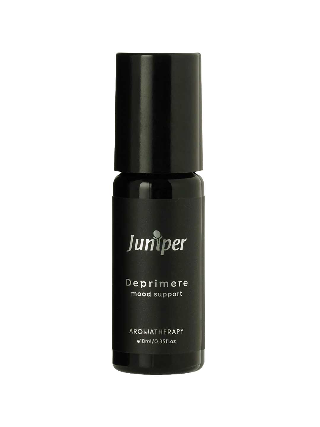 A black 10ml Juniper Deprimere Aromatherapy Pulse Point bottle with an essential oil blend for mood support stands upright on a white background.