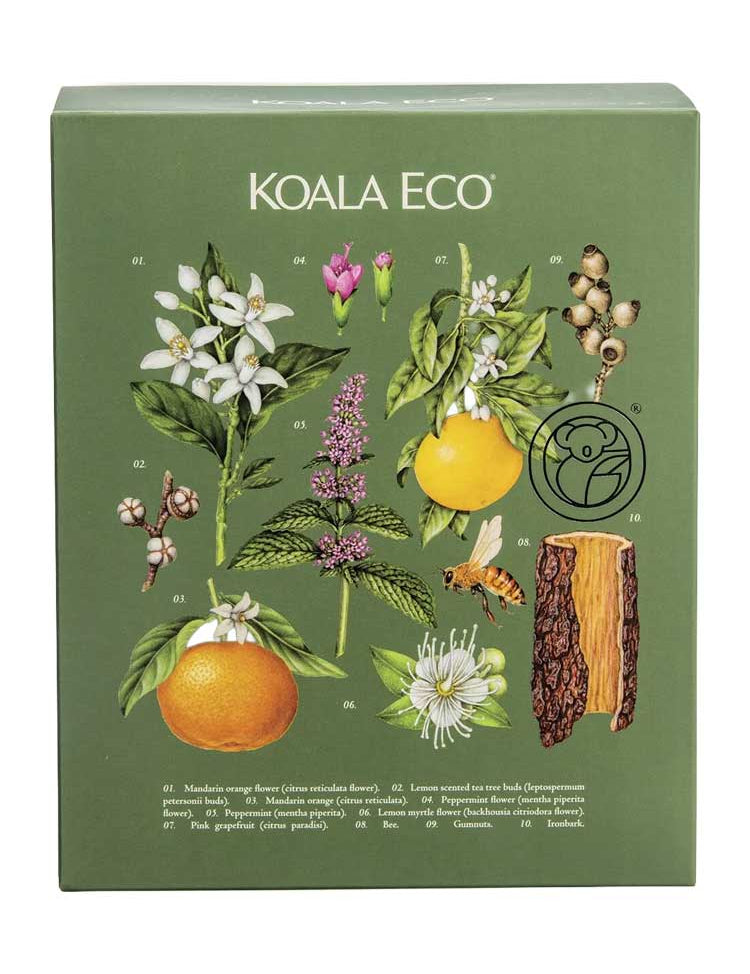 Green box labeled “Koala Eco Gift Pack Hand Care Rosalina & Peppermint 2pk,” decorated with illustrations of orange blossoms, mint, flowers, fruit, a bee, and tree bark. Details on the hand wash and botanicals are shown in small print below.