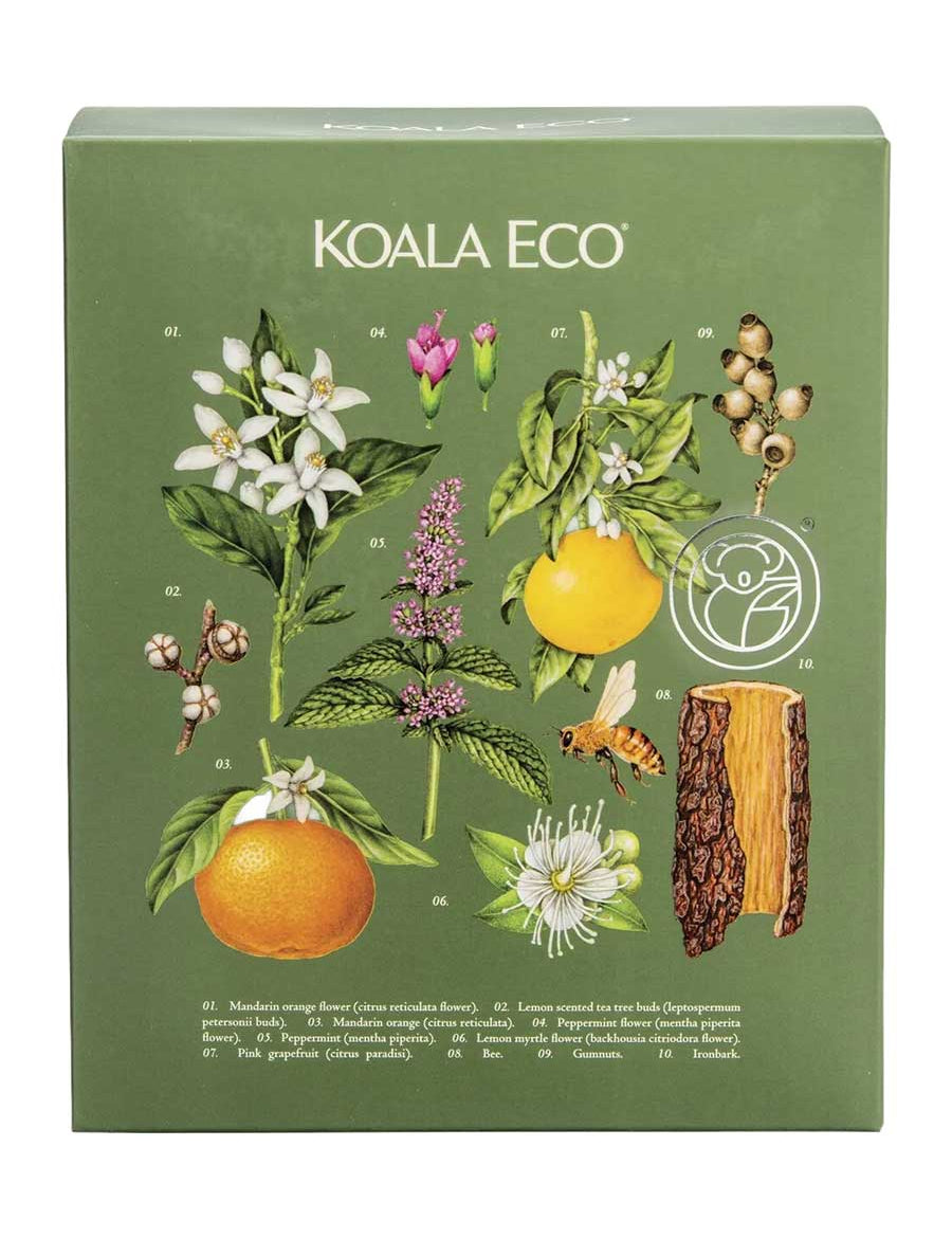 A green box labeled "Koala Eco Gift Pack Hand Care Eucalyptus & Rosemary 2pk" displays numbered illustrations of plants, fruits, flowers, a bee, and bark with botanical names, emphasizing its plant-based skincare.