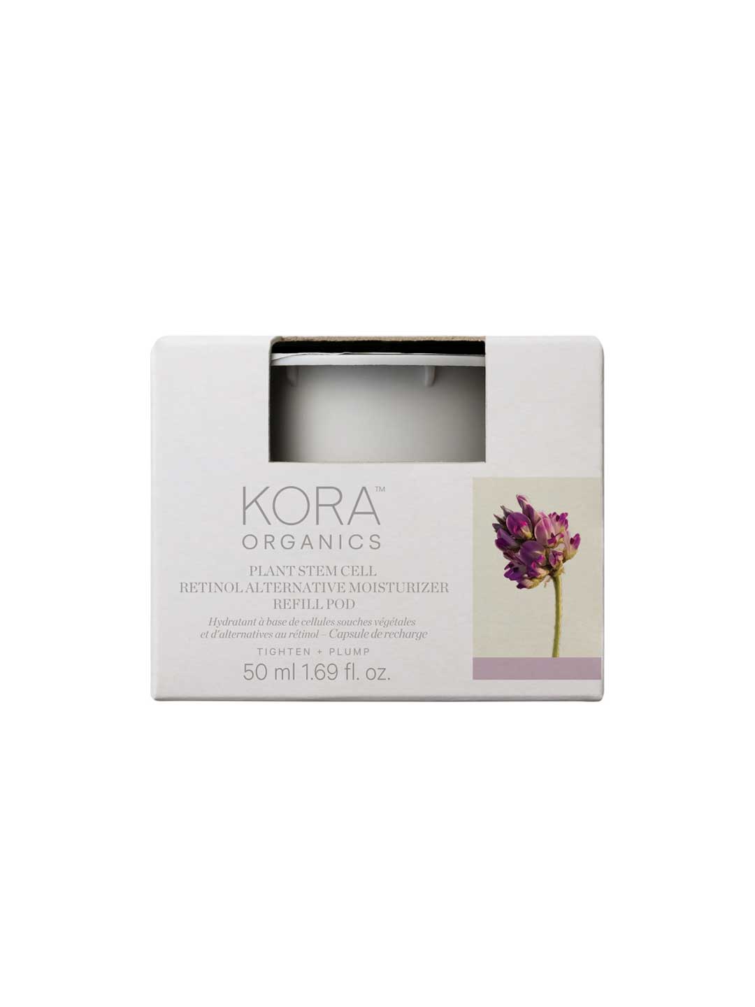 A white box of KORA Organics Refill Pod - Plant Stem Cell Retinol Alternative Moisturiser 50ml features a window and purple flower graphic—an effective anti-ageing moisturiser with a visible plant stem cell formula inside.