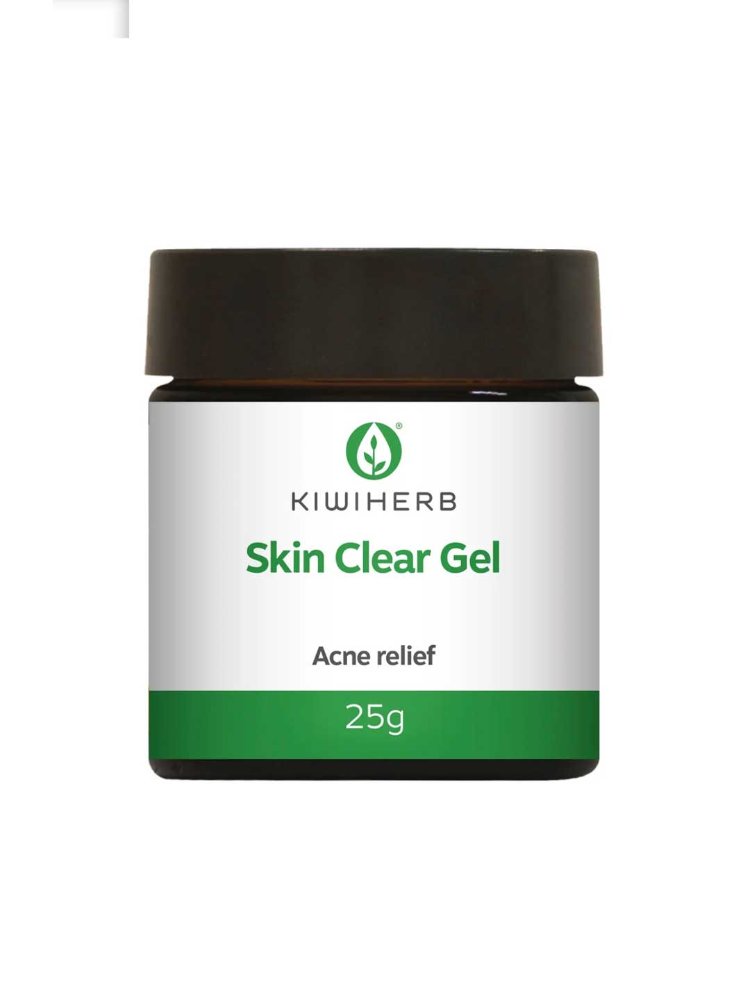 A small jar labeled Kiwiherb Skin Clear Gel Acne Relief 25g, with a green and white design and black lid, contains Mānuka Essential Oil for targeted acne spot treatment—a trusted New Zealand skincare solution.