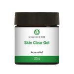 A small jar labeled Kiwiherb Skin Clear Gel Acne Relief 25g, with a green and white design and black lid, contains Mānuka Essential Oil for targeted acne spot treatment—a trusted New Zealand skincare solution.