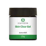 A small jar labeled Kiwiherb Skin Clear Gel Acne Relief 25g, with a green and white design and black lid, contains Mānuka Essential Oil for targeted acne spot treatment—a trusted New Zealand skincare solution.