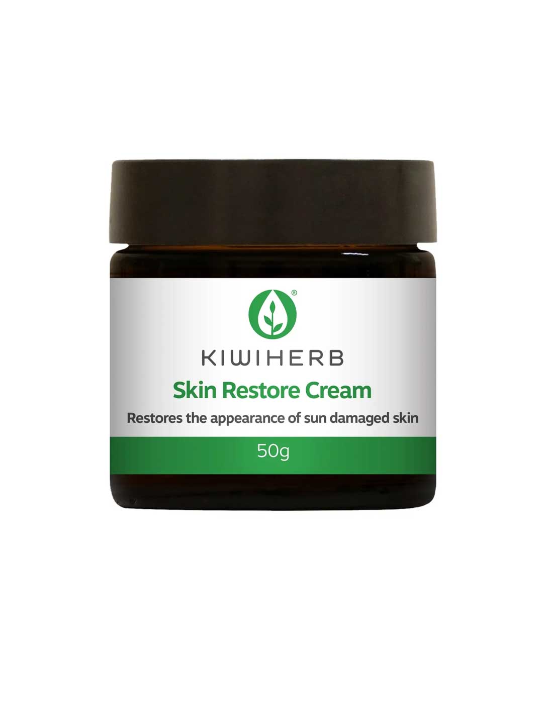 Kiwiherb Skin Restore Cream 50g comes in a brown jar with a green and white label. This antioxidant-rich cream supports skin regeneration and restores the appearance of sun-damaged skin.