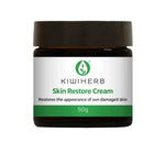 Kiwiherb Skin Restore Cream 50g comes in a brown jar with a green and white label. This antioxidant-rich cream supports skin regeneration and restores the appearance of sun-damaged skin.