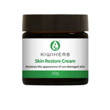 Kiwiherb Skin Restore Cream 50g comes in a brown jar with a green and white label. This antioxidant-rich cream supports skin regeneration and restores the appearance of sun-damaged skin.