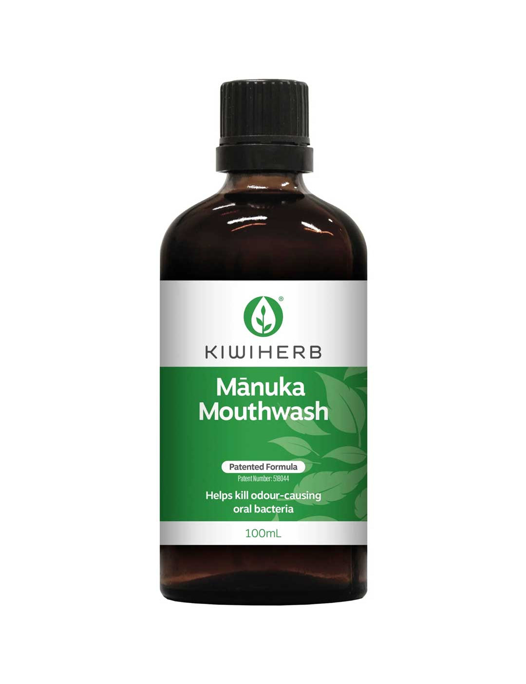 Brown bottle of KiwiHerb Manuka Mouthwash on a white background