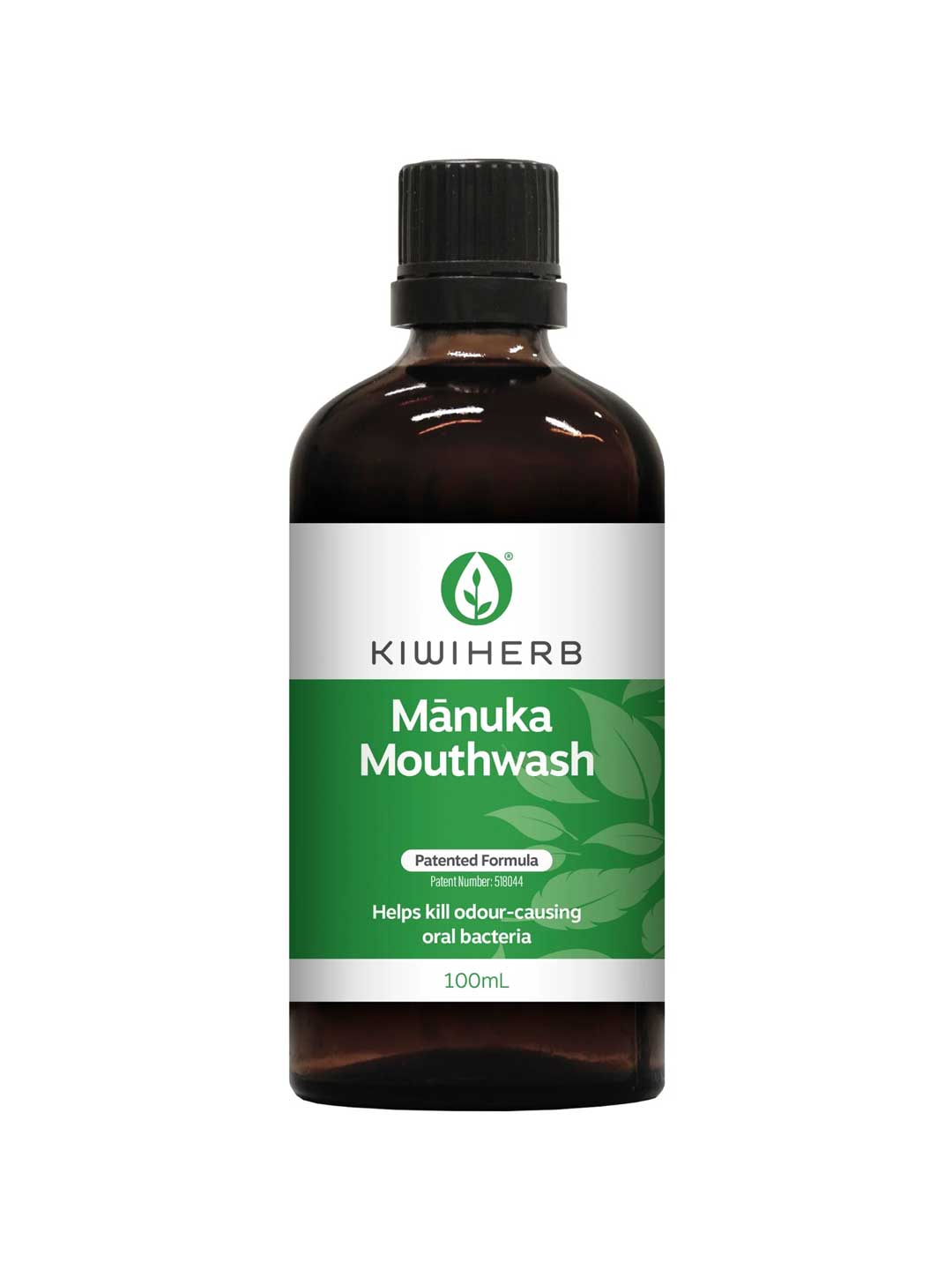 Brown bottle of KiwiHerb Manuka Mouthwash on a white background