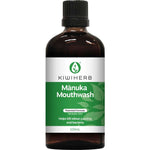 Brown bottle of KiwiHerb Manuka Mouthwash on a white background