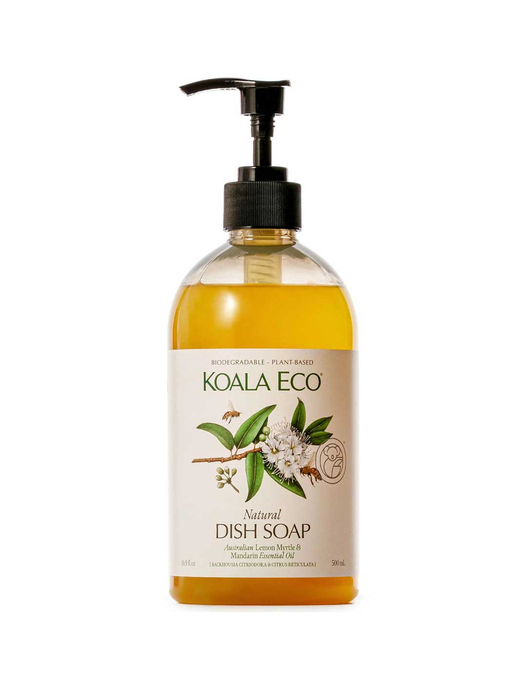 A clear pump bottle of Koala Eco Dish Soap Lemon Myrtle & Mandarin 500ml with yellow liquid inside. The label shows lemon myrtle leaves and flowers, highlighting its biodegradable, plant-based formula.