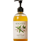 A clear pump bottle of Koala Eco Dish Soap Lemon Myrtle & Mandarin 500ml with yellow liquid inside. The label shows lemon myrtle leaves and flowers, highlighting its biodegradable, plant-based formula.