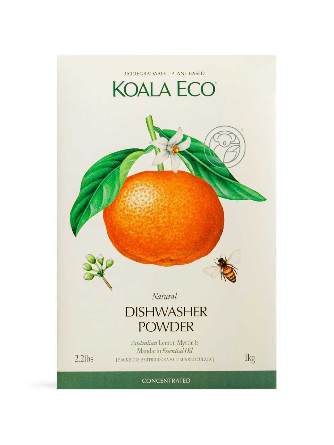 Front of a Koala Eco Dishwasher Powder Lemon Myrtle and Mandarin 1kg box, featuring mandarin with leaves and flowers, a bee, and details highlighting plant-based ingredients and biodegradable formula.