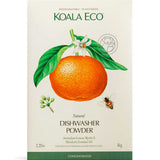 Front of a Koala Eco Dishwasher Powder Lemon Myrtle and Mandarin 1kg box, featuring mandarin with leaves and flowers, a bee, and details highlighting plant-based ingredients and biodegradable formula.